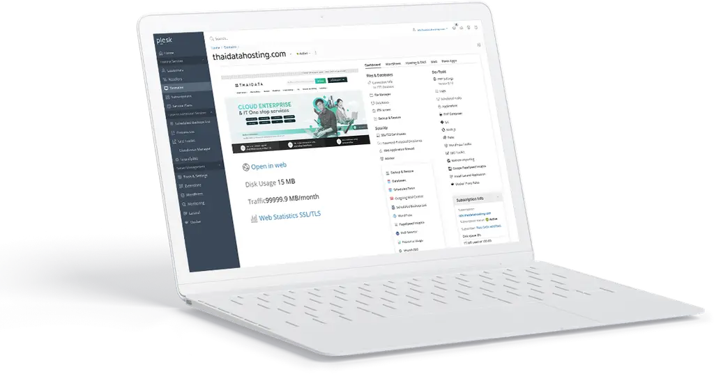 หน้าจอ Plesk Control Panel บน Cloud Windows Hosting สำหรับจัดการเว็บ ASP.NET และฐานข้อมูล MSSQL