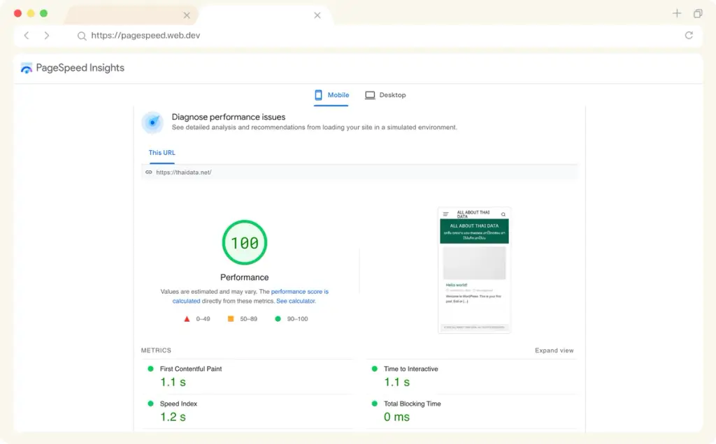 ผลคะแนน Google PageSpeed Insights ของเว็บ thaidatahosting.com ที่โฮสต์บน Cloud WordPress Hosting